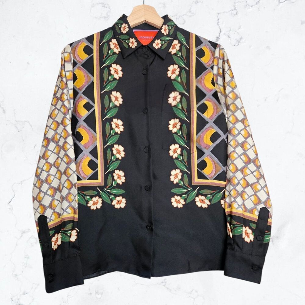 La Double J Dazed Placée Black Floral Silk Blouse Boy Style Button Up Shirt - Picture 3 of 11